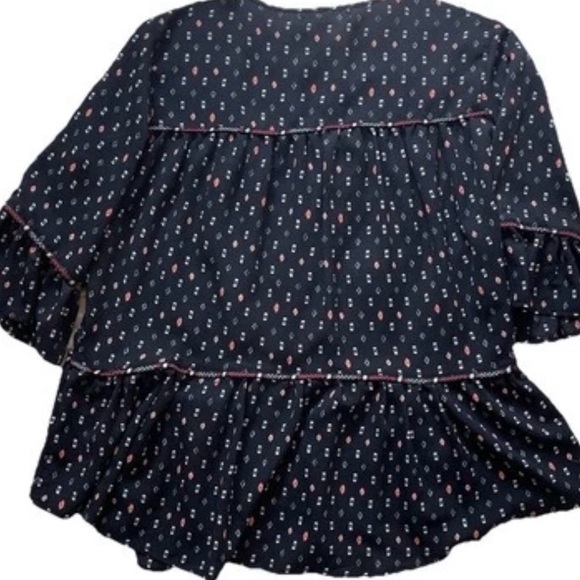 Star Scene Black Floral Peasant‎ Blouse Ruffle Sleeves Boho Cottagecore Size L - Picture 5 of 13